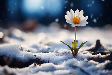White crocus flower in the snow with bokeh effect.