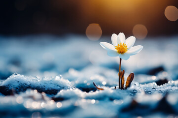 White crocus flower in the snow with bokeh effect.
