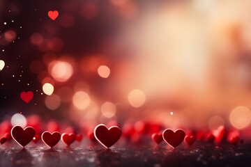 Valentines day background with red hearts on bokeh lights