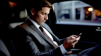 Naklejka na ściany i meble Businessman in Car Looking at his Mobile Phone