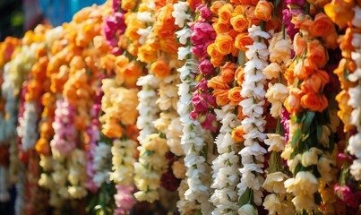 Colorful garland of jasmine flowers in a flower market