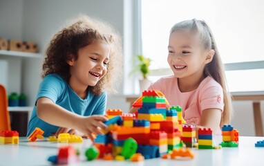 Fototapeta premium Two Young Girls Engaged in Creative Play With Colorful Building Blocks Indoors