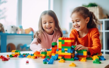 Two Young Girls Engaged in Creative Play With Colorful Building Blocks Indoors