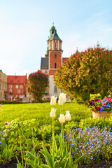 The courtyard is buried in flowers and greenery in the ancient Zamek Krolewski na Wawelu Castle in the center of Krakow.