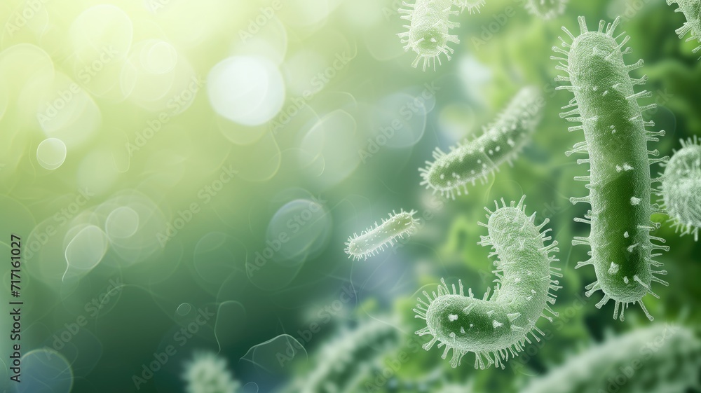 Aufkleber 3d render of green bacteria under a microscope with a bokeh background
