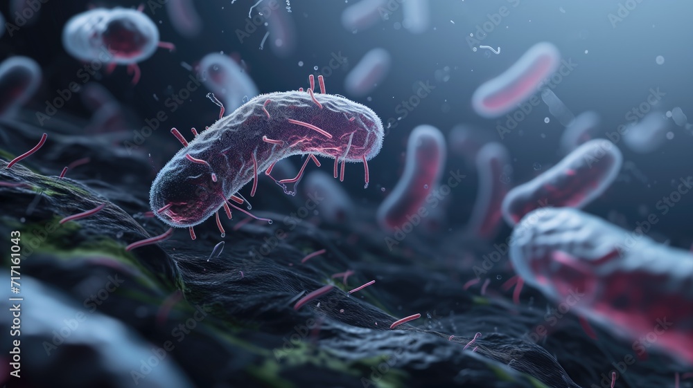 Poster microscopic view of bacteria with hair-like structures in a dynamic environment