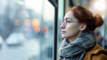 Reflective woman gazing out window, city reflections in glass