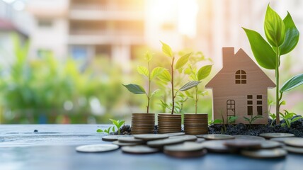 House model with coins and growing plants on a table against a blurred building backdrop - obrazy, fototapety, plakaty