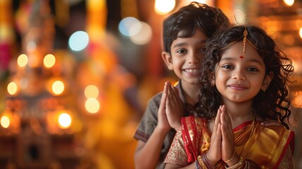 Fototapeta premium Two children in traditional Indian attire with festive lights