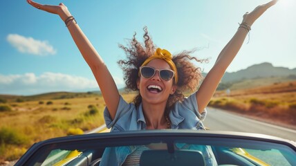 Joyful woman with arms raised in a convertible car, sunny day - obrazy, fototapety, plakaty