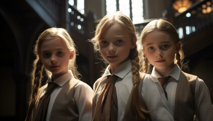 Three young girls in school uniforms standing in a room. Generative AI.