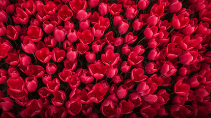 Beautiful red blooming tulip buds, top view, March 8, international women's day