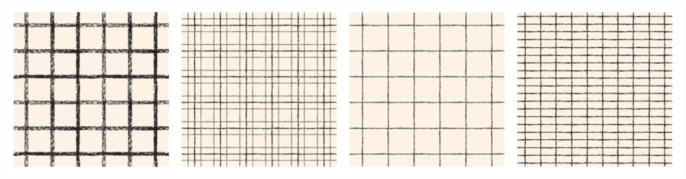 Check, square, plaid, mesh vector seamless patterns set. Black and white charcoal, chalk, brush hand drawn textured crossing rough stripes, lines. Chequered, checked geometric backgrounds collection.