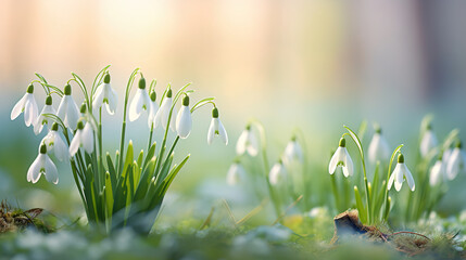 Snowdrop Flowers in the snow, selective focus, blur, sunlight. Beautiful spring floral background