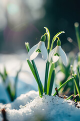 Snowdrop Flowers in the snow, selective focus, blur, sunlight. Beautiful spring floral background