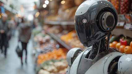 A futuristic robot assistant stands outdoors near food showcase at bustling grocery market