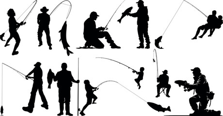 fisherman fishing silhouette. fish chub, Fish and fishing rod. carp fish, great set collection clip art Silhouette , Black vector illustration on white background V2.