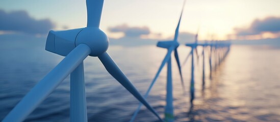 Close-up 3D rendering of an ocean wind farm for sustainable and clean energy production. - obrazy, fototapety, plakaty