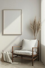 Elegant Interior Decor with Wooden Armchair, Framed Blank Canvas, and Pampas Grass in a Well-Lit Room