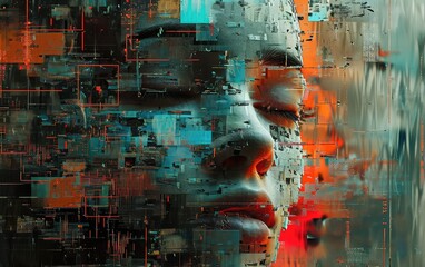 Digital Human Face, Complex Data Visualization Representing Artificial Intelligence, 3D Rendering