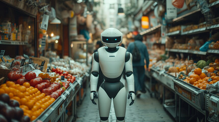 High-tech robot is ready to assist customers near the food showcase in grocery market