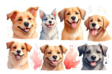 Watercolor doodle of dog types faces on white background