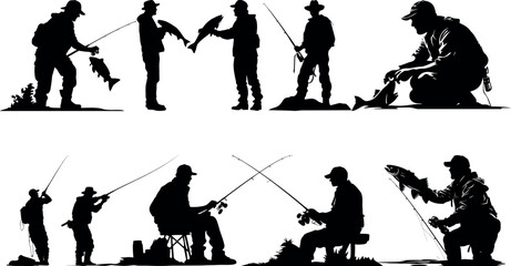 fisherman fishing silhouette. fish chub, Fish and fishing rod. carp fish, great set collection clip art Silhouette , Black vector illustration on white background .