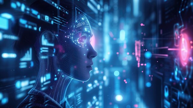 Digital portrait of a woman with futuristic neon face mapping