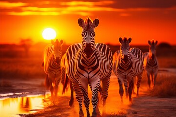 Fototapeta na wymiar Golden hour scene. majestic zebras roaming freely in the vast african savannah with serene beauty