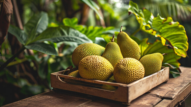 Fresh tropical jackfruit in a box on a wooden table
