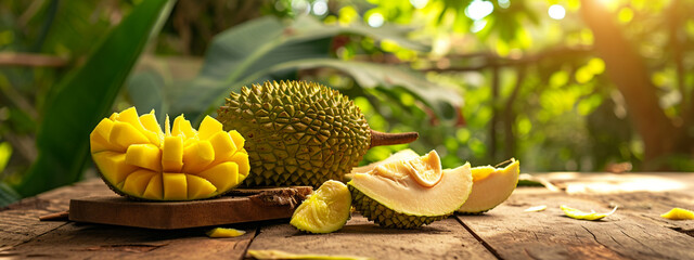 Fresh tropical jackfruit in a box on a wooden table - obrazy, fototapety, plakaty