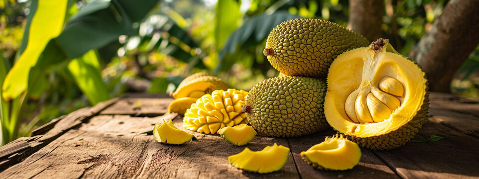 Fresh tropical jackfruit in a box on a wooden table