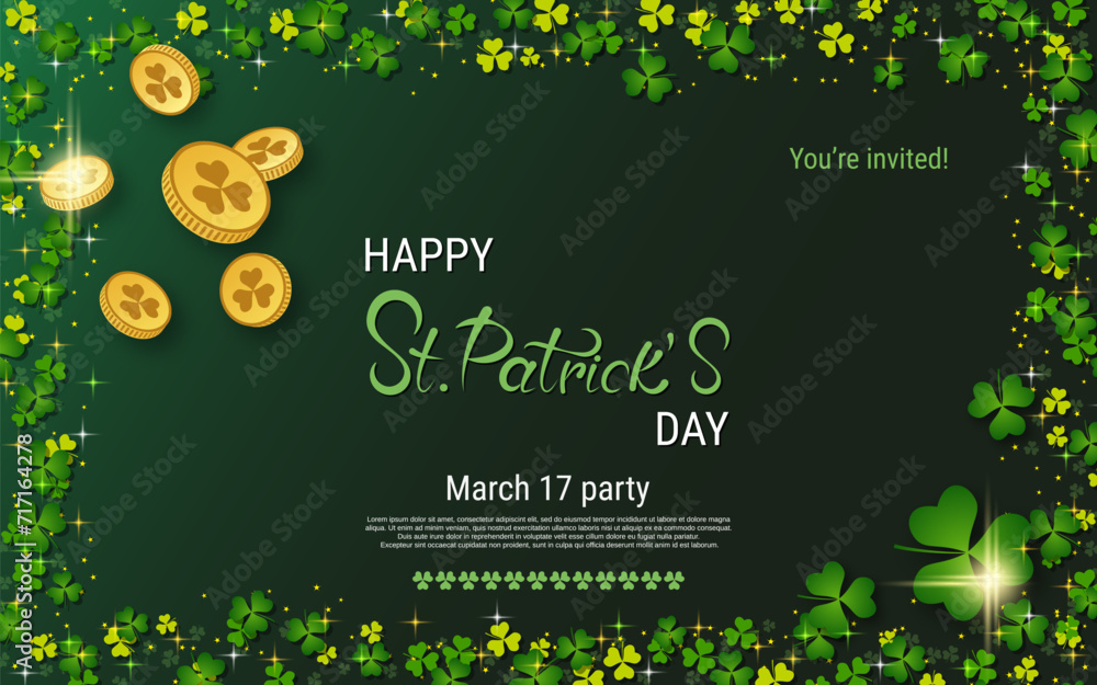 Poster st.patrick's day vector illustration. green background with colorful clover leaves and design elemen
