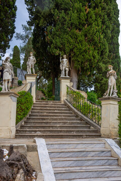 Sculptures of the park of Achilleion (named after Achilles) palace of Empress of Austria Elisabeth of Bavaria, in Gastouri, Corfu, Greece on June 14 2015