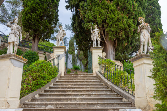 Classical inspired statues on the grounds of the Achillion Palace on the island of Corfu.
