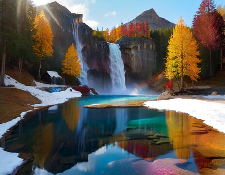 The image depicts a breathtaking landscape featuring a waterfall, autumn trees, and a horse near a serene pond with a rainbow in the background. The setting is an and picturesque landscape surrounded