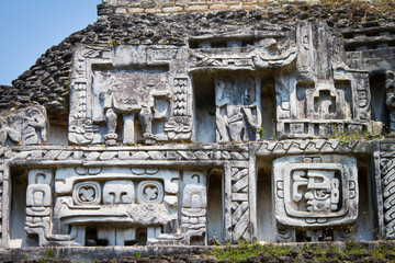 Mayan ruins and stone carvings at the XUNANTINICH (Stone Lady) Mayan Temple in Belize Central...
