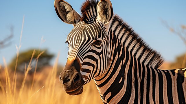 A stunning image of a zebra standing gracefully in the vast african savannah, surrounded by the golden grasslands and a vibrant blue sky.