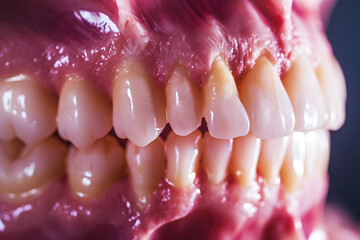 Inflammation of gum process called gingivitis with periodontal problems and risk of developing oral cancer due to poor mouth hygiene - obrazy, fototapety, plakaty