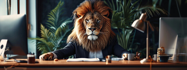 concept of a lion in a suit at a desk in the office