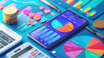 budgeting with a vibrant mix of app interfaces, financial charts, and iconic symbols like coins and piggy banks