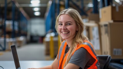Happy smiling blonde woman wearing a vest with reflective stripe in light warehouse worker sitting at desk with her laptop smiling at camera with toothy smile at logistic centre