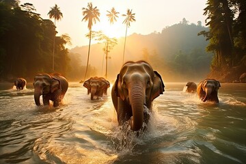 Magnificent asian elephants bathing gracefully in a picturesque jungle waterfall - obrazy, fototapety, plakaty