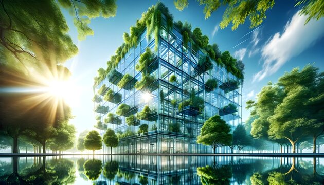 The image displays a modern glass building enveloped in vibrant greenery, with the sun shining brightly through the trees, reflecting on a serene water surface in the foreground.