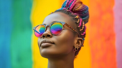 Portrait of a dark-skinned lesbian with multi-colored hair on a rainbow background.