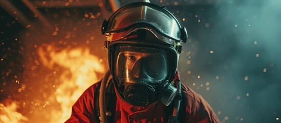 Firefighter in fire station practicing fire extinguishing with helmet