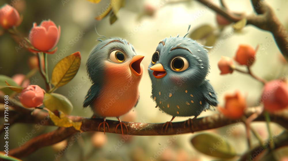 Wall mural two cute cartoon birds in love,ai