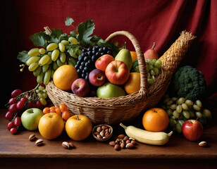 The image depicts a still life of a variety of fruits and nuts arranged aesthetically on a wooden surface against a warm, dark background.