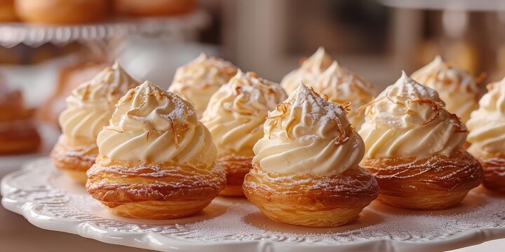 Profiteroles Delight: French Pastry Elegance. Dive into the Symphony of Light Choux Pastry and Creamy Filling. Picture the Delight in a Charming Patisserie with Soft Lighting