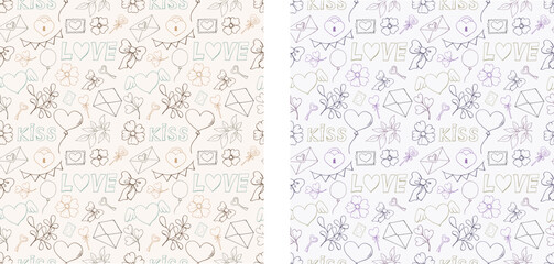 Valentine's Day. Love. Couples in love. Heart, flowers, kiss. Set for decoration. February 14th. Holidays Doodle. Letter. Doodle. White background. Liner. Line art. Present. Holidays.